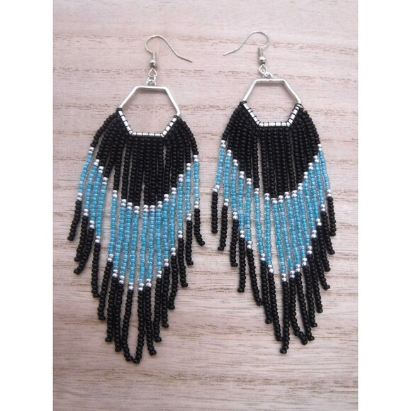 Earrings Beaded Black, Teal & Silver - Picture 3 of 3
